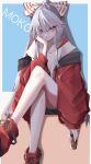  1girl absurdres black_shorts blue_background border bow casual character_name crossed_legs fall_dommmmmer fujiwara_no_mokou hair_bow head_rest highres jacket long_hair looking_at_viewer red_eyes red_footwear red_jacket shirt shoes shorts silver_hair sitting sneakers solo touhou very_long_hair white_border white_bow white_shirt 