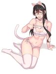  1girl alternate_costume animal_ears aqua_eyes arm_support bangs bare_arms bare_shoulders bell black_hair blush bra bra_pull breasts cat_cutout cat_ear_panties cat_ears cat_lingerie choker cleavage_cutout clothing_cutout collarbone commentary eyebrows_visible_through_hair fake_animal_ears frills glasses hairband highres jingle_bell kantai_collection legs long_hair looking_at_viewer meme_attire navel neck_bell ooyodo_(kancolle) panties parted_lips semi-rimless_eyewear side-tie_panties simple_background sitting small_breasts smile solo string_panties tail thigh-highs under-rim_eyewear underwear underwear_only white_background white_bra white_panties yokozuwari yuuji_(and) 
