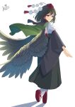  1girl alternate_costume amanoyayuki bird_wings black_dress black_hair bright_pupils cape closed_mouth dress feathered_wings full_body green_cape hat highres looking_at_viewer looking_back pink_eyes pom_pom_(clothes) red_headwear shameimaru_aya short_hair simple_background smile solo standing tiptoes tokin_hat touhou white_background white_pupils wings 