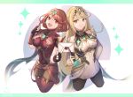  2girls :d bangs bare_shoulders black_gloves black_legwear blonde_hair breasts chest_jewel covered_navel cropped_legs dress earrings fingerless_gloves gloves highres jewelry long_hair medium_breasts mirin. multiple_girls mythra_(xenoblade) open_mouth pantyhose pyra_(xenoblade) red_eyes red_legwear red_shorts redhead short_dress short_hair short_shorts shorts smash_invitation smile super_smash_bros. swept_bangs thigh-highs tiara very_long_hair white_background white_dress xenoblade_chronicles_(series) xenoblade_chronicles_2 yellow_eyes 