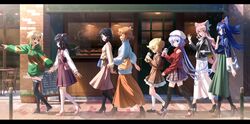  6+girls :d absurdres akatsuki_kirika bag black_hair black_jacket black_legwear blonde_hair blue_hair blue_sweater bow brown_hair brown_shirt brown_skirt carol_malus_dienheim eye_contact floating_hair from_side full_body green_eyes green_skirt green_sweater hair_bow hair_ornament hair_ribbon hair_scrunchie hand_in_pocket handbag hat high_ponytail highres holding_drinking_straw hood hooded_sweater index_finger_raised jacket kazanari_tsubasa kneehighs kohinata_miku layered_skirt lens_flare long_hair long_skirt long_sleeves looking_at_another low_twintails maria_cadenzavna_eve medium_hair medium_skirt miniskirt multiple_girls nyanmaru open_mouth orange_skirt pink_footwear pink_hair pink_ribbon plaid plaid_skirt pleated_skirt red_footwear red_scrunchie ribbon road scrunchie senki_zesshou_symphogear shiny shiny_hair shirt shoes shorts side_ponytail silver_hair skirt sleeves_past_fingers sleeves_past_wrists smile sneakers street sweater tachibana_hibiki_(symphogear) thigh-highs tsukuyomi_shirabe turtleneck turtleneck_sweater twintails very_long_hair walking white_headwear white_legwear white_shirt white_shorts white_skirt white_sweater wrist_grab yukine_chris zettai_ryouiki 