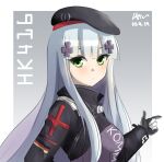  1girl bangs beret black_gloves black_headwear blue_hair blunt_bangs border closed_mouth commentary dated from_side girls_frontline gloves gradient_hair green_eyes hat highres hk416_(girls_frontline) jacket klaius long_hair long_sleeves looking_at_viewer looking_to_the_side multicolored_hair purple_hair signature solo white_border 