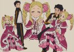  1boy 1girl beatrice_(re:zero) blonde_hair blush commentary_request crown dress drill_hair feeding frills grey_eyes hair_ribbon half-closed_eyes highres holding_hand iwamushi jacket looking_back mini_crown natsuki_subaru pants pantyhose parted_lips pink_ribbon purple_footwear re:zero_kara_hajimeru_isekai_seikatsu ribbon shoes sidelocks smile standing striped striped_legwear striped_ribbon translation_request twin_drills 