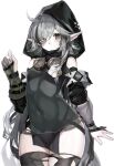 1girl ahoge arknights armband bangs breasts flower goggles goggles_around_neck grey_hair highres hood hood_up hoodie idashige_(walkietalkie) pointy_ears skin_tight small_breasts solo thigh-highs thighs tomimi_(arknights) torn_clothes torn_legwear 