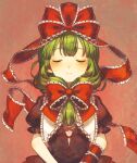  1girl arm_ribbon bangs blunt_bangs bow closed_eyes closed_mouth collared_dress cross-laced_clothes dress eyebrows facing_viewer frilled_bow frilled_ribbon frilled_sleeves frills front_ponytail green_hair hair_bow hair_ribbon kagiyama_hina long_hair puffy_short_sleeves puffy_sleeves red_background red_bow red_dress red_ribbon ribbon sasasasa short_sleeves simple_background smile solo touhou upper_body v_arms wing_collar 