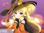  1girl absurdres animal_ears black_headwear blonde_hair closed_mouth commentary dated detached_sleeves eyebrows_visible_through_hair granblue_fantasy hair_ornament hat highres klaius long_hair long_sleeves looking_at_viewer mahira_(granblue_fantasy) orange_ribbon purple_background red_eyes ribbon rope smile solo twitter_username wide_sleeves witch_hat 