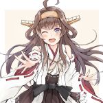  1girl ahoge brown_hair brown_skirt commentary_request dairyo3 detached_sleeves double_bun hairband headgear japanese_clothes kantai_collection kongou_(kancolle) long_hair looking_at_viewer one_eye_closed pleated_skirt ribbon-trimmed_sleeves ribbon_trim simple_background skirt solo violet_eyes white_background 