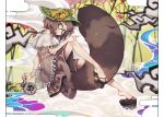  1girl absurdres bottle bow brown_eyes brown_hair futatsuiwa_mamizou glasses highres leaf leaf_on_head nyong_nyong raccoon_tail sake_bottle skirt smile smoke tail touhou 