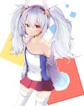  1girl :o animal_ears azur_lane bangs bare_shoulders camisole collarbone commentary_request eyebrows_behind_hair fur-trimmed_jacket fur_trim hair_between_eyes hairband highres jacket laffey_(azur_lane) long_hair long_sleeves looking_at_viewer off_shoulder open_clothes open_jacket parted_lips pink_jacket pleated_skirt rabbit_ears red_eyes red_hairband red_skirt silver_hair skirt sleeves_past_wrists solo strap_slip takara_akihito thigh-highs twintails white_camisole white_legwear wide_sleeves 