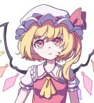  1girl absurdres ascot bangs blonde_hair closed_mouth crystal eyebrows_behind_hair flandre_scarlet hat hat_ribbon highres kame_(kamepan44231) looking_at_viewer medium_hair mob_cap red_eyes red_ribbon red_shirt ribbon shirt short_sleeves side_ponytail simple_background solo touhou upper_body white_background white_headwear wings yellow_neckwear 