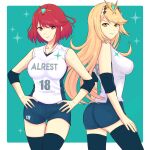  2girls bangs blonde_hair border breasts cowboy_shot elbow_pads green_background hands_on_hips highres jersey looking_at_viewer medium_breasts mythra_(xenoblade) pyra_(xenoblade) red_eyes redhead short_shorts shorts smile sportswear swept_bangs thigh-highs truejekart white_border xenoblade_chronicles_(series) xenoblade_chronicles_2 yellow_eyes 