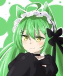  1girl :3 ahoge akashi_(azur_lane) akashi_(black_cat_strikes!)_(azur_lane) animal_ears azur_lane black_choker black_dress black_ribbon blush cat_ears choker commentary dress green_background green_hair green_theme hair_ribbon highres juliet_sleeves klaius long_hair long_sleeves mole mole_under_eye puffy_sleeves ribbon sleeves_past_fingers sleeves_past_wrists smile smug solo upper_body yellow_eyes 