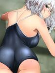  1girl alternate_costume ass back backboob blue_eyes blue_swimsuit blurry blurry_background blush braid breasts closed_mouth commentary eyebrows_visible_through_hair from_above from_behind frown hair_between_eyes izayoi_sakuya large_breasts looking_at_viewer lying medium_hair on_stomach one-piece_swimsuit school_swimsuit side_braids silver_hair skin_tight solo swimsuit touhou twin_braids wet wet_clothes wet_swimsuit yadokari_genpachirou 