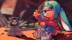  1girl 1other aqua_eyes aqua_hair bangs blurry blurry_background cloak commentary cosplay crossover denim domino_mask grey_cloak hatsune_miku hatsune_miku_(cosplay) hood hooded_cloak hoodie inkling jeans looking_at_viewer mask nyecuh pants pointy_ears red_hoodie removing_eyewear shoes sitting sneakers splatoon_(series) splatoon_3 suna_no_wakusei_(vocaloid) sunglasses swept_bangs tentacle_hair twintails vocaloid 