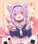  1girl ahoge animal_ears azu_gorilla cat_ears cat_tail collar drooling fang food fork hairband heart highres hololive knife midriff nekomata_okayu onigiri purple_hair sailor_collar tail violet_eyes 