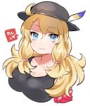  1girl armband bare_arms bare_shoulders big_hair black_headwear black_shirt blonde_hair blue_eyes calenda_(kemono_friends) commentary_request eyebrows_visible_through_hair hair_tie hat hat_feather kemono_friends kemono_friends_3 long_hair looking_at_viewer shirt smile solo suicchonsuisui tank_top upper_body 