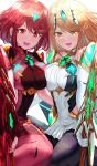  2girls bangs bare_shoulders black_gloves black_legwear blonde_hair blush breasts chest_jewel cleavage_cutout clothing_cutout dress earrings elbow_gloves fingerless_gloves gem gloves hair_ornament headpiece highres jewelry large_breasts long_hair looking_at_viewer multiple_girls mythra_(xenoblade) pantyhose pyra_(xenoblade) red_eyes red_legwear red_shorts redhead short_dress short_hair short_shorts shorts simple_background smile super_smash_bros. swept_bangs thigh-highs thigh_strap tiara uenoryoma very_long_hair weapon white_dress white_gloves xenoblade_chronicles_(series) xenoblade_chronicles_2 yellow_eyes 