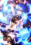  1girl absurdres animal animal_ears armpit_crease armpit_peek backless_dress backless_outfit bangs black_background blue_hair breasts brown_gloves dress earrings erune ferry_(granblue_fantasy) frilled_skirt frills geegee_(granblue_fantasy) ghost gloves granblue_fantasy hair_between_eyes highres holding holding_weapon jewelry long_hair looking_at_viewer medium_breasts no_bra open_mouth sideboob simple_background single_earring skirt sleeveless smile solo thigh-highs wavy_hair weapon whip yellow_eyes yoake 