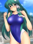  1girl alternate_costume bare_legs blue_eyes blue_sky blue_swimsuit blurry blurry_background blush breasts clenched_hands closed_mouth clouds cloudy_sky commentary competition_swimsuit cowboy_shot day embarrassed eyebrows_visible_through_hair frog_hair_ornament green_hair hair_between_eyes hair_ornament hair_tubes kochiya_sanae long_hair looking_at_viewer medium_breasts one-piece_swimsuit outdoors sidelocks skin_tight sky snake_hair_ornament solo standing sweat swimsuit thighs touhou yadokari_genpachirou 