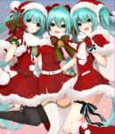 3girls aqua_eyes aqua_hair bell belt black_legwear capelet christmas dress earmuffs ebi_(yzpiyo039) eyebrows_visible_through_hair fur-trimmed_headwear gift girl_sandwich gloves hair_ornament hat hatsune_miku holding long_hair looking_at_viewer multiple_girls open_mouth pom_pom_(clothes) red_footwear red_gloves red_headwear sack sandwiched santa_costume santa_hat short_dress side-by-side smile striped thigh-highs twintails very_long_hair vocaloid white_legwear zettai_ryouiki