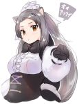  1girl anteater_ears anteater_tail black_corset black_gloves black_neckwear bow bowtie brown_eyes center_frills corset eyebrows_visible_through_hair frills fur_sleeves giant_anteater_(kemono_friends) gloves highres kemono_friends long_hair long_sleeves looking_at_viewer pointing shirt silver_hair solo suicchonsuisui white_shirt 