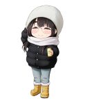  1girl arm_up bangs beanie black_hair black_jacket blue_pants blush boots brown_footwear chibi closed_eyes closed_mouth cup eyebrows_visible_through_hair facing_viewer full_body fur-trimmed_boots fur_trim glasses grey_headwear grey_scarf hat highres holding holding_cup jacket kuena pants round_eyewear scarf simple_background solo standing thick_eyebrows toba_minami white_background yurucamp 