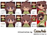  bangs black_eyes brown_hair chara_(undertale) closed_eyes closed_mouth frown green_shirt hair_between_eyes hand_up holding holding_knife holding_weapon hole_in_face houten_(dre_a_mer) knife looking_at_viewer melting open_mouth pixel_art red_eyes ringed_eyes shirt short_hair smile undertale upper_body weapon white_background 