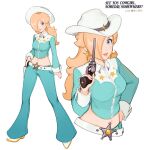  1girl alternate_costume alternate_hairstyle belt belt_buckle blonde_hair blue_eyes buckle cow_girl hair_over_one_eye hand_on_hip highres jivke lips lipstick long_sleeves makeup super_mario_bros. midriff midriff_peek revolver rosalina star_(symbol) super_mario_galaxy 