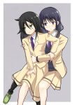  2girls arm_around_waist bags_under_eyes bangs black_cardigan black_hair black_legwear blazer blush border cardigan closed_mouth collared_shirt commentary_request eyebrows_visible_through_hair frown green_eyes green_footwear grey_background hair_between_eyes highres hug hug_from_behind invisible_chair jacket kuroki_tomoko long_hair long_sleeves looking_at_another looking_away looking_to_the_side low_twintails motion_lines multiple_girls necktie okiru open_clothes open_jacket outside_border pantyhose pleated_skirt purple_neckwear school_uniform shiny shiny_hair shirt shoes signature simple_background sitting sitting_on_lap sitting_on_person skirt sweatdrop tamura_yuri twintails violet_eyes watashi_ga_motenai_no_wa_dou_kangaetemo_omaera_ga_warui! white_border white_shirt yellow_jacket yellow_skirt yuri 