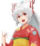  1girl :d absurdres blush bow commentary_request equality_taira eyebrows_visible_through_hair fujiwara_no_mokou grey_hair hair_between_eyes hair_bow head_tilt highres japanese_clothes kimono long_hair looking_at_viewer open_mouth ponytail print_kimono red_eyes red_kimono smile solo touhou very_long_hair white_background white_bow 