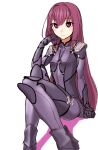  1girl alternate_breast_size armor blush bodysuit breasts closed_mouth fate/grand_order fate_(series) gishu hand_up highres long_hair looking_at_viewer purple_bodysuit red_eyes redhead scathach_(fate) scathach_(fate)_(all) shoulder_armor simple_background sitting small_breasts solo spaulders white_background 
