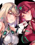  2girls bangs breasts chest_jewel earrings fingerless_gloves gem gloves headpiece highres hinot jewelry large_breasts multiple_girls mythra_(xenoblade) pyra_(xenoblade) red_eyes red_legwear red_shorts redhead short_hair shorts super_smash_bros. xenoblade_chronicles_(series) xenoblade_chronicles_2 