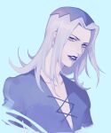  1boy absurdres blue_background collarbone cross-laced_clothes flipped_hair highres jojo_no_kimyou_na_bouken keke_ex leone_abbacchio long_hair looking_at_viewer male_focus multicolored_hair multiple_sources parted_lips plunging_neckline purple_hair purple_lips solo two-tone_hair upper_body vento_aureo white_hair yellow_eyes 