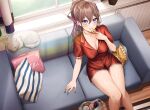  1girl animal aqua_nails blue_eyes blush brand_name_imitation brown_hair can cat chips couch cushion earrings expulse food jewelry long_hair looking_at_viewer original pajamas ponytail potato_chips sitting smile solo 