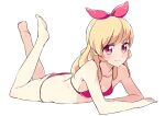  1girl aikatsu! aikatsu!_(series) arm_rest armpit_crease ass back bare_arms bare_legs bare_shoulders barefoot bikini blonde_hair blush bow breasts butt_crack collarbone commentary eyebrows_visible_through_hair feet_up from_side full_body hair_bow hairband hoshimiya_ichigo itouchaba long_hair looking_at_viewer looking_to_the_side lying midriff on_stomach pink_bikini red_bow red_eyes red_hairband sideboob simple_background small_breasts smile solo stomach string_bikini swimsuit the_pose white_background 