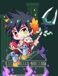  +_+ 1boy black_hair chibi fire food fruit greek_clothes green_eyes hades_(game) heterochromia highres joy0220 laurel_crown male_focus polearm pomegranate red_eyes sitting skull smile spear treasure_chest weapon zagreus_(hades) 