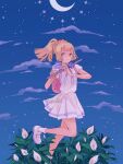  1girl artist_name backpack bag bangs blonde_hair closed_mouth clouds commentary crescent_moon floating_hair flute green_eyes highres holding holding_instrument instrument lillie_(pokemon) long_hair miyaulait moon night outdoors pink_bag pleated_skirt pokemon pokemon_(game) pokemon_sm ponytail shirt shoes short_sleeves skirt sky smile socks solo watermark white_legwear white_skirt 