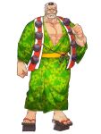  1boy abs arm_at_side beard clenched_hand facial_hair full_body green_kimono highres hogen_(tokyo_houkago_summoners) horns japanese_clothes kimono looking_at_viewer lostdog121 male_focus open_clothes open_shirt pectorals single_horn solo standing tokyo_houkago_summoners white_background white_hair 