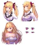  1girl ahoge bare_shoulders blonde_hair blush bow bowtie concept_art dress hair_bow hair_ornament highres kakutasu long_hair looking_at_viewer multiple_views nijisanji open_mouth takamiya_rion twintails violet_eyes white_background white_neckwear 