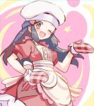  1girl ;d apron blush brown_eyes chef_hat hikari_(pokemon) dress eyelashes frills hair_ornament hairclip hand_on_hip hand_up hat long_hair looking_at_viewer one_eye_closed open_mouth oven_mitts pokemon pokemon_(game) pokemon_masters_ex red_dress red_mittens short_sleeves sidelocks sketch smile solo star_(symbol) symbol_commentary tongue tpi_ri 