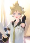  1boy arm_warmers bass_clef black_collar blonde_hair blue_eyes collar commentary copyright_name curtains door door_handle hand_on_headphones headphones holding holding_paper instrument kagamine_len keyboard_(instrument) looking_at_viewer male_focus nail_polish naoko_(naonocoto) necktie open_mouth paper sailor_collar school_uniform shirt short_ponytail short_sleeves sidelighting smile solo spiky_hair upper_body vocaloid white_shirt window yellow_nails yellow_neckwear 