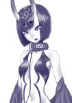  1girl animal_collar blush bob_cut breasts chain collar fang fate/grand_order fate_(series) gishu gradient_horns horns leash medium_hair monochrome multicolored_horns navel nose_blush off_shoulder oni_horns parted_lips purple_theme shuten_douji_(fate) simple_background skin-covered_horns small_breasts solo sweatdrop white_background 