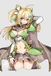  1girl :d ahoge beige_background blonde_hair blue_eyes bow breasts cape cowboy_shot elf epic_seven green_bow hair_bow hair_ornament highres large_breasts looking_away mole mole_under_eye navel open_mouth panties pleated_skirt pointy_ears serin199 silkyia_yula_safayena simple_background skirt smile solo standing underwear white_panties 