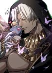  1boy bug butterfly closed_eyes dark_skin dark_skinned_male gauntlets hades_(game) heart highres hood hood_up insect kurosaki_sasori male_focus silver_hair smile stuffed_animal stuffed_mouse stuffed_toy thanatos_(hades) twitter_username upper_body 