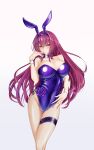  1girl absurdres animal_ears breasts fate/grand_order fate_(series) highres looking_at_viewer playboy_bunny purple_hair rabbit_ears red_eyes scathach_(fate) scathach_(fate)_(all) simple_background white_background 