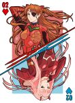  2girls apoloniodraws armor arms_behind_head blue_eyes brown_hair card darling_in_the_franxx eyepatch finger_to_mouth green_eyes highres horns looking_at_viewer mecha multiple_girls neon_genesis_evangelion pink_hair playing_card upside-down zero_two_(darling_in_the_franxx) 