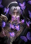  1boy bangs brooch bug butterfly butterfly_brooch dark_skin dark_skinned_male gauntlets hades_(game) highres hood hood_up insect jewelry kurosaki_sasori male_focus parted_bangs silver_hair thanatos_(hades) twitter_username upper_body yellow_eyes 