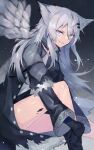  1girl alternate_costume animal_ears arknights bangs bare_legs black_coat black_dress black_footwear black_gloves boots coat commentary_request dress eyebrows_visible_through_hair gloves grey_background grey_eyes grin highres knee_up lappland_(arknights) lappland_(refined_horrormare)_(arknights) long_hair looking_at_viewer looking_to_the_side open_clothes open_coat sasa_onigiri scar scar_across_eye sharp_teeth shirt short_dress silver_hair sitting smile solo teeth white_shirt wolf_ears 