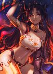  1girl absurdres apoloniodraws arm_up bikini black_hair breasts fate/grand_order fate_(series) highres ishtar_(fate) ishtar_(fate)_(all) jewelry long_hair looking_at_viewer midriff red_eyes smile swimsuit 
