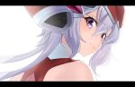  1girl absurdres bangs black_border border closed_mouth eyebrows_visible_through_hair floating_hair hair_between_eyes highres letterboxed long_hair looking_back nyanmaru portrait senki_zesshou_symphogear silver_hair simple_background smile solo violet_eyes white_background yukine_chris 